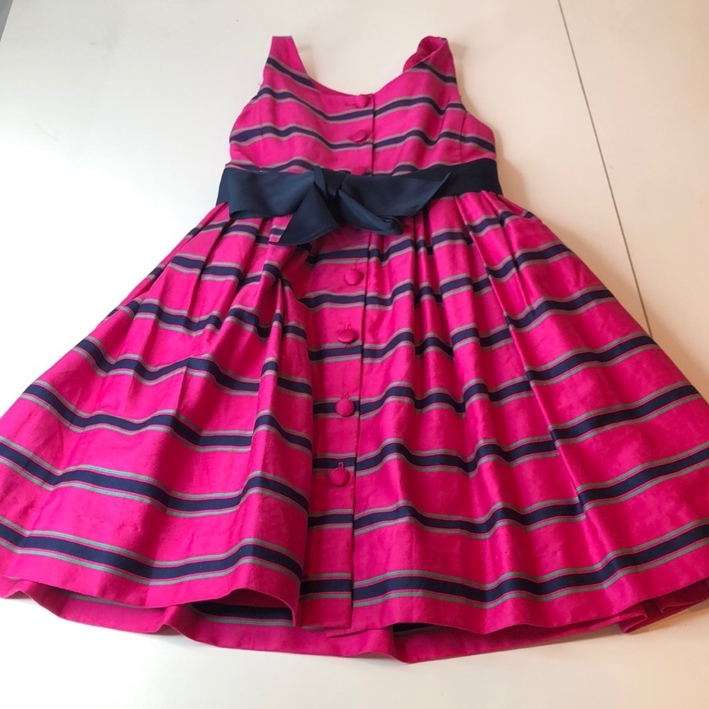 Ralph Lauren Pink Dress Blue Green Stripe Belt Covered Buttons Lined Girls 6 EUC - Picture 2 of 13